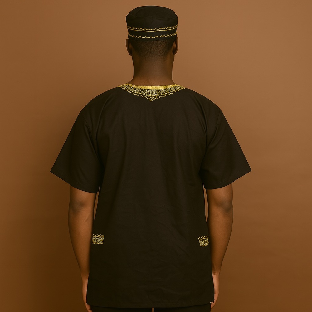 Men's Traditional African Dashiki Top Shirt and Kufi Hat Set Large Black Gold - Picture 6 of 14